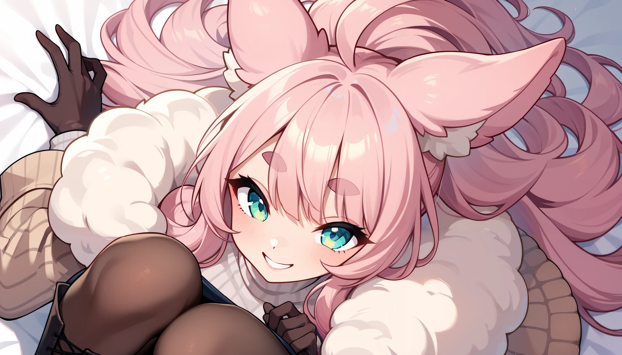 (UHD, best quality, highres icon), 1girl, long pink fluffy hair, Thick eyebrows, smile, I'm looking up at Fluffy Wool Coat , Vertical striped sweater , black tights , Big gloves, lace-up boots BREAK looking up