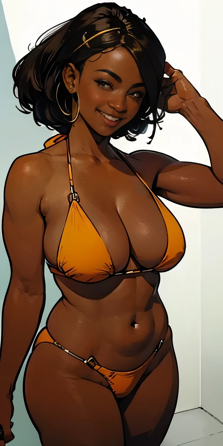 Young black woman (brown skin) with a slim and sexy body, hair on one side tied with clips, big smile and amber eyes