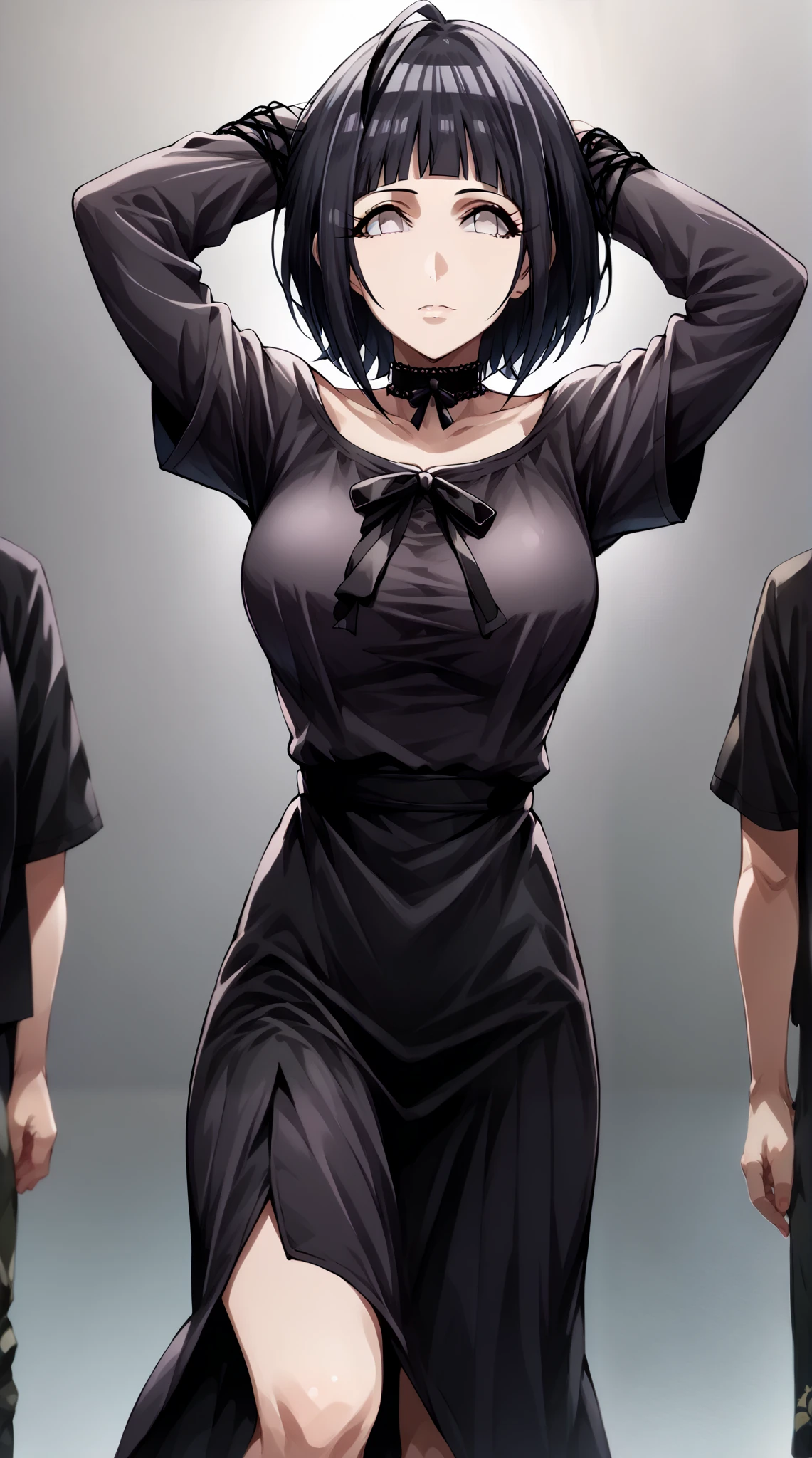 score_9, score_8_up, score_7_up, source_anime, 4K,
1girl,solo,hinata uzumaki, hyuuga hinata, short hair, bangs, black hair, blunt bangs, white eyes, mature female, large breasts,, 
wearing ((black gothic dress (idolmaster), black ribbon, black shirt, choker, collarbone:1.5)),,
((fullbody)),large breasts,long legs,perfect fingers,arms up,looking at viewers,((front look:1,5)),white plain background,