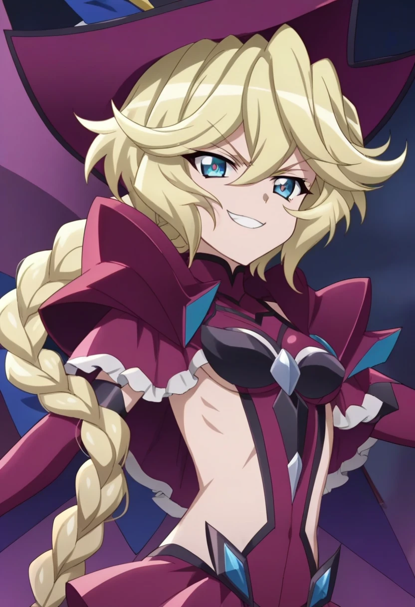  Senki Zesshou Symphogear Carol Mars Dienheim,  fujikawa daichi,  1 girl, Blonde,  , shiny skin,  , indoor, , score_9, score_8_up, score_7_up, score_6_up, score_5_up, score_4_up,  BREAK Source _Anime, masterpiece , Anime screencap, Anime_ ,Blonde,  blue eyes, (braided ponytail:1), long hair,   smirking , evil_Smiling Witch Hat ,  hips that compress my chest, dilated pupils,