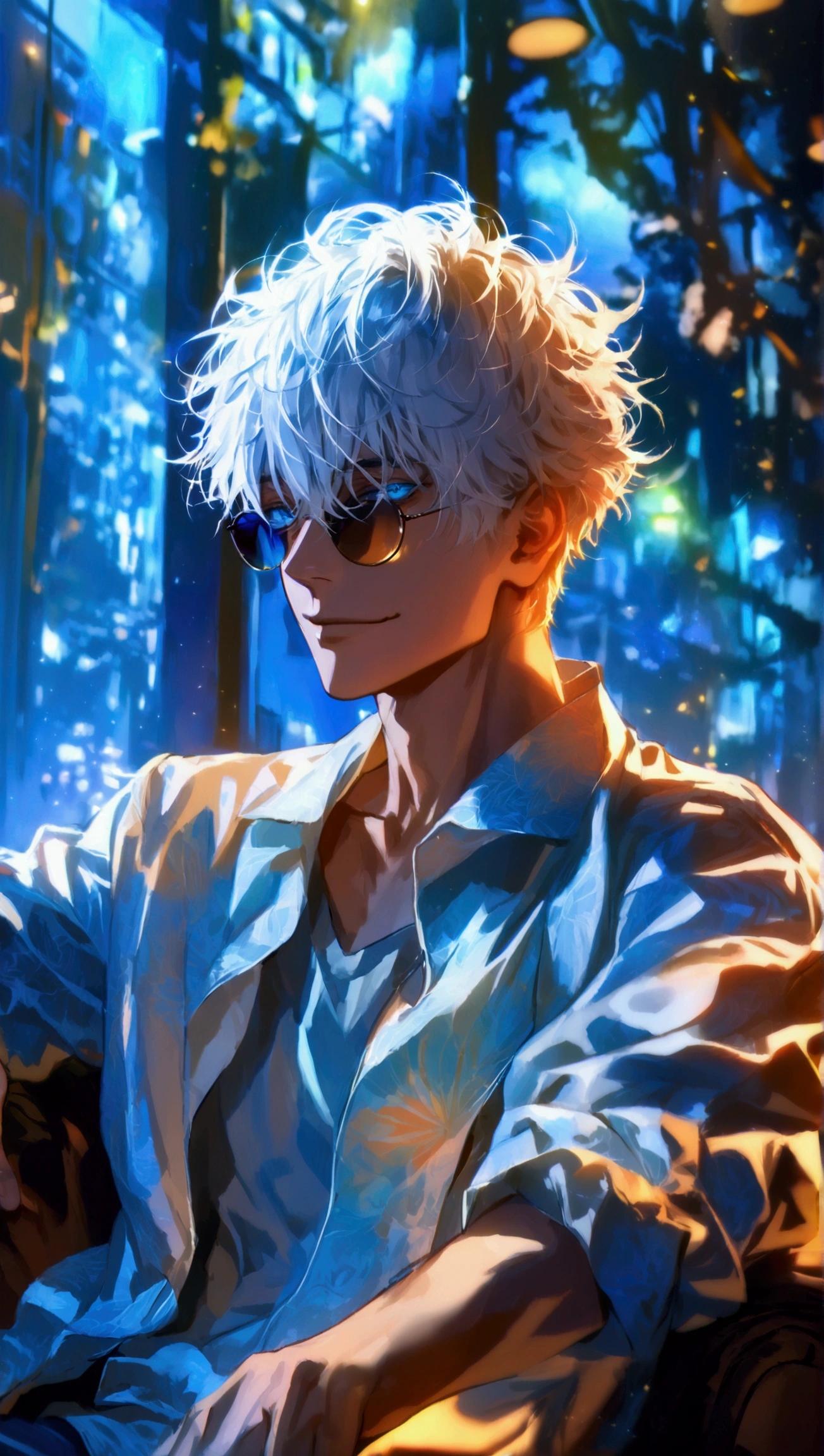 (solo), (1 male), (1 man), handsome men, (one man with white hair, blue eyes), short hair, messy hair, sunglasses,((masterpiece)), (dark background: 1.3), (stylish), dynamic angle, (detailed face, detailed eyes, proportional hands, proportional anatomy), sitting in a relaxed pose, sinister atmosphere, a nihilistic smile