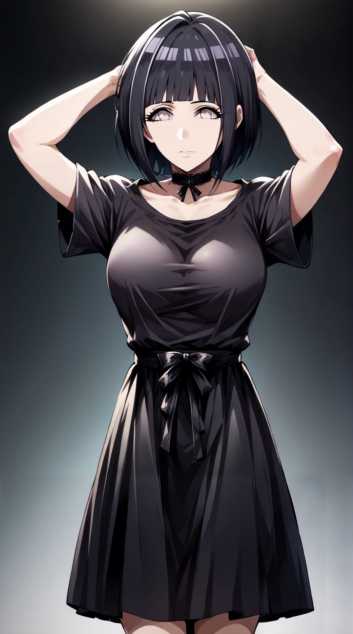 score_9, score_8_up, score_7_up, source_anime, 4K,
1girl,solo,hinata uzumaki, hyuuga hinata, short hair, bangs, black hair, blunt bangs, white eyes, mature female, large breasts,, 
wearing ((black gothic dress (idolmaster), black ribbon, black shirt, choker, collarbone:1.5)),,
((fullbody)),large breasts,long legs,perfect fingers,arms up,looking at viewers,((front look:1,5)),white plain background,