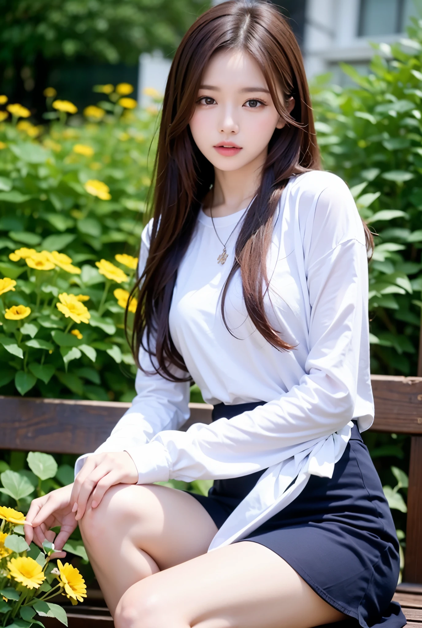 Araffe asian woman sitting on a bench in a park - SeaArt AI