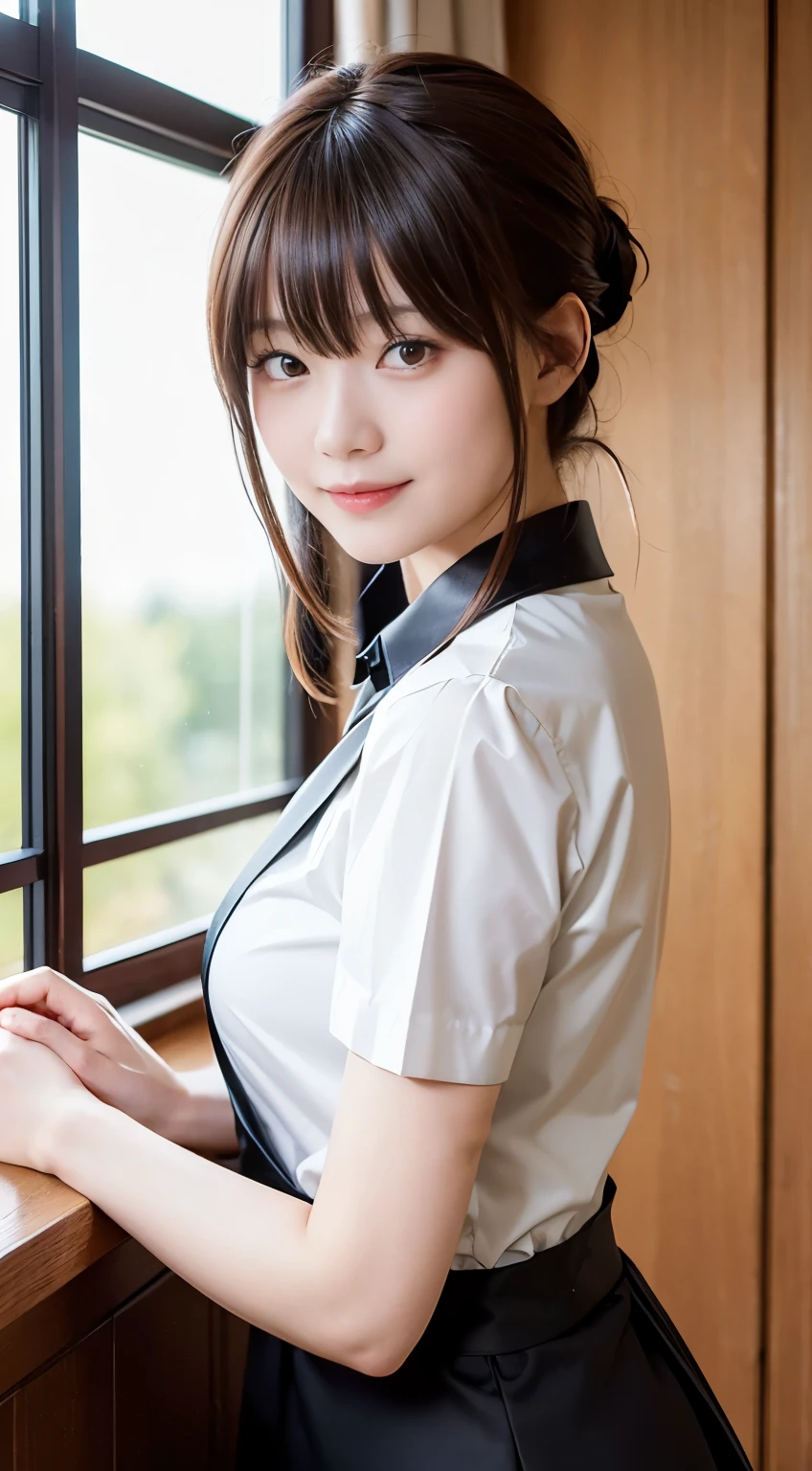 (highest quality,masterpiece:1.3,ultra high resolution,),(Super detailed,caustics),(Photoreal:1.4,RAW shooting,)ultra-realistic capture,very detailed,High resolution 16K human skin close-up。 natural skin texture、,The pores are、、、、Must be detailed enough to be easily identified。 Skin should look even-toned and healthy。 Use natural light and color,restaurant,waitress uniform,1 girl,Japanese,18-year-old,cute,black haired,ponytail,big breasts,smile,turn your body forward,(Front view:1.1),look at the camera,cowboy shot,