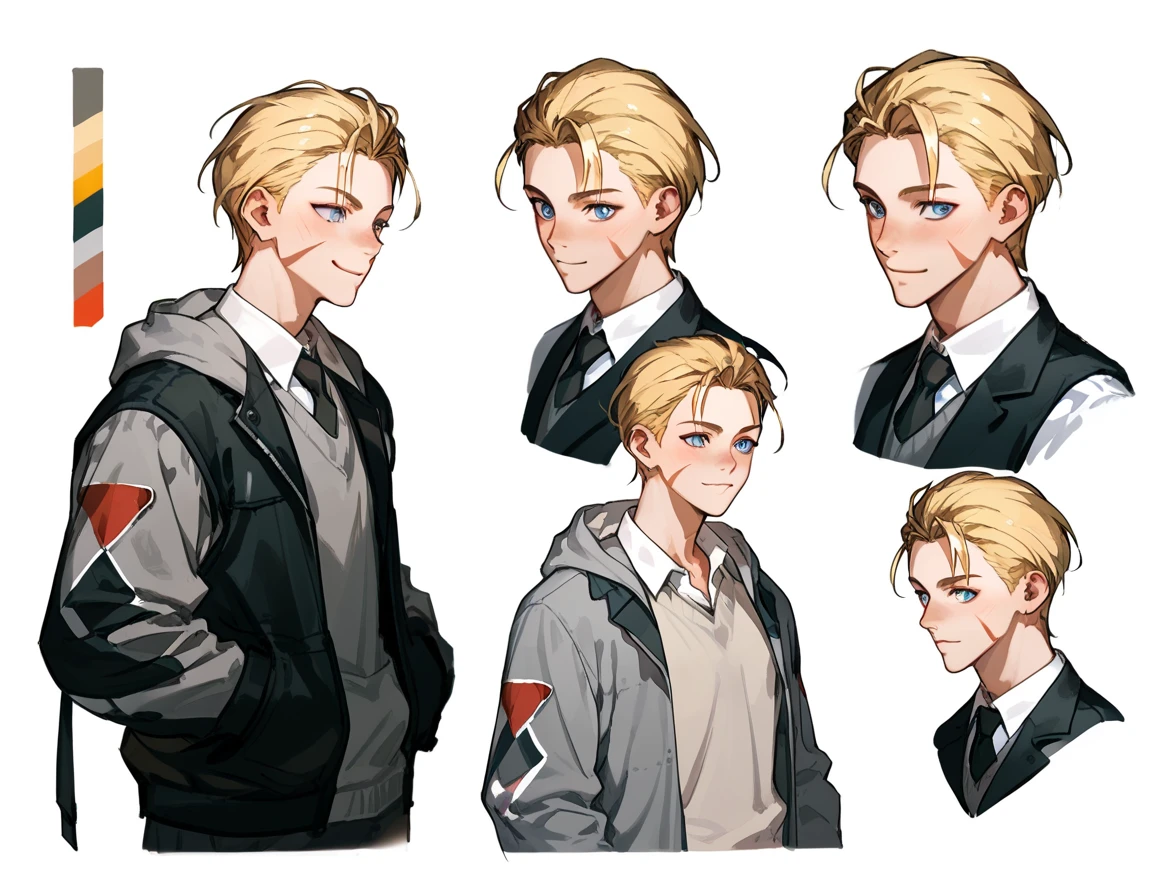 ( score_9, score_8_up, score_7_up, score_6_up), Cammy SD XL ,  blonde hair 、1boy who's still going, teenager with pants slipping, smile, pretty face, watch viewers , simple white background, handsome ,youth,  1boy, flowing hair , (( short hair)) , hooded jacket, open jacket, long sleeves, grey sweater, sweater vest, white shirt, collared shirt , Character Design XL
( character sheet :1)
Reference Sheet、（whole body、 from the side、front：1.1）、 upper body、comics、
 simple white background holding a razor