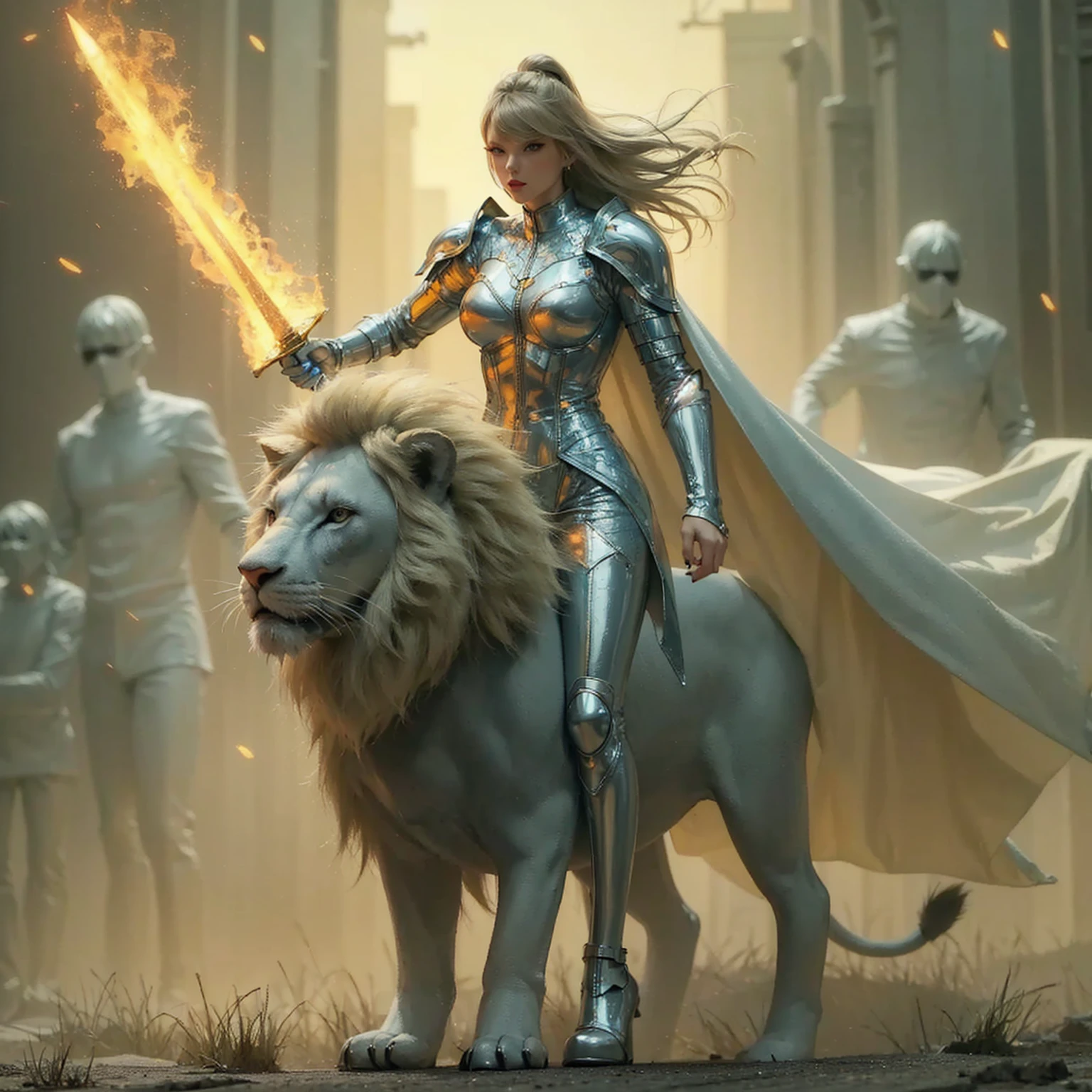 Taylor Swift blonde light blue eye in light blue latex jumpsuit ,Neon colorful LED effects,  in silver gladiator uniform with fiery sword mounted on the Lion of the Future ghost mix in 4k gold and gray colors