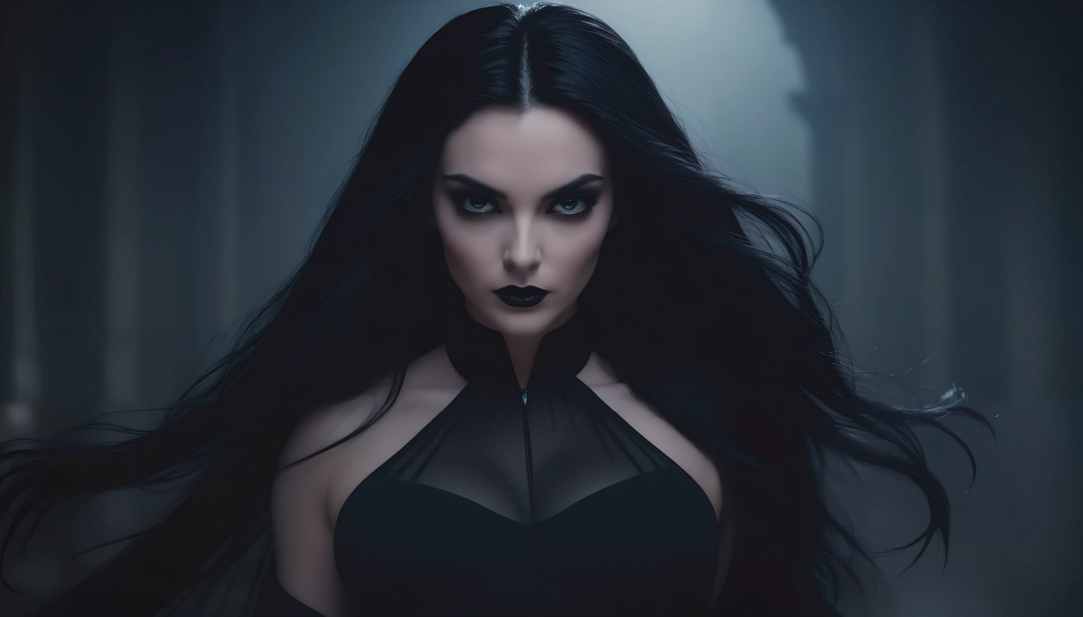 the shot begins with a dramatic, slightly low angle, capturing raven noire, a strikingly beautiful goth woman with long, flowing black hair and ethereal pale skin, as she walks purposefully toward the camera. the dimly lit background, with its soft, shadowy gradients, emphasizes her otherworldly aura. her flowing black dress billows around her as she moves, accentuating both grace and command. her dark, intense eyes lock onto the viewer with a menacing gaze, embodying the essence of a vampire—both alluring and dangerous. the scene's atmosphere is moody, with spurts of high contrast that emphasize her mesmerizing silhouette, invoking an aura of captivating danger as she moves smoothly without hesitation.