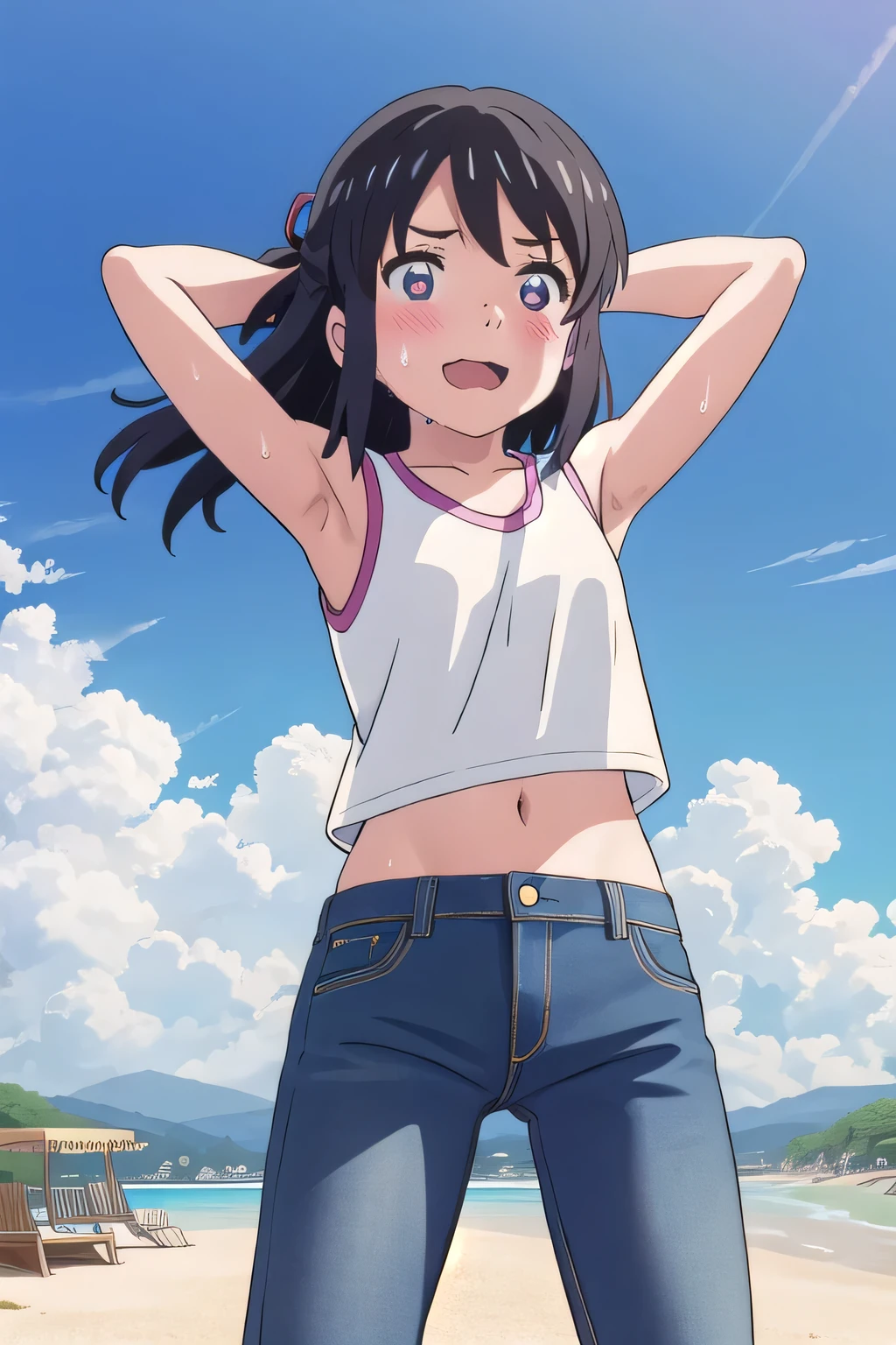 、Pure girl、One Girl、Cute smile、Sparkling Eyes、Healthy Skin、Large park、Summer sun、White cloud、Blue sky、Whole body composition、Barefoot、Detailed Hair、Tank top、Tight hot pants、Small breasts、slender、Looking up、Hair blowing in the wind、Dynamic pose、very loud laugh、My skirt is flying up in the wind、after the rain、My whole body is wet、Wet body、Blushed cheeks、Sweaty face、Lots of sweat、Her belly button is visible