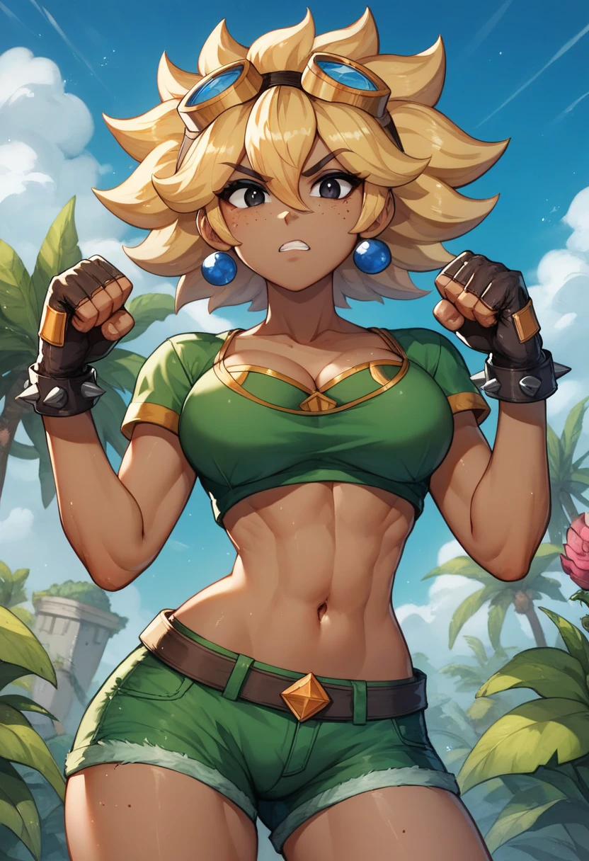 (best quality, masterpiece), blonde hair, green earrings, yoga pants, yoga bra, skin tight, toned, smug, smirk, kefla, thin waist, backlight,