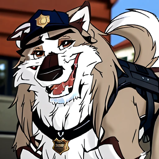 Long haired wolfdog, tactical k-9 armoured vest, black leather collar, chain collar, badge, police baseball cap, drooling saliva, anthro, furry, all fours, very body fur, three tone fur, Looking at viewer, Smile, Open Mouth, Very Long Hair, saddleback tan and white 