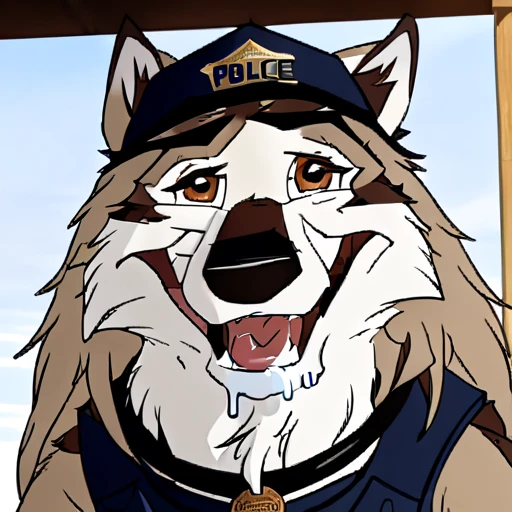 Long haired wolfdog, tactical k-9 armoured vest, black leather collar, chain collar, badge, police baseball cap, drooling saliva, anthro, furry, all fours, very body fur, three tone fur, Looking at viewer, Smile, Open Mouth, Very Long Hair, saddleback tan and white 