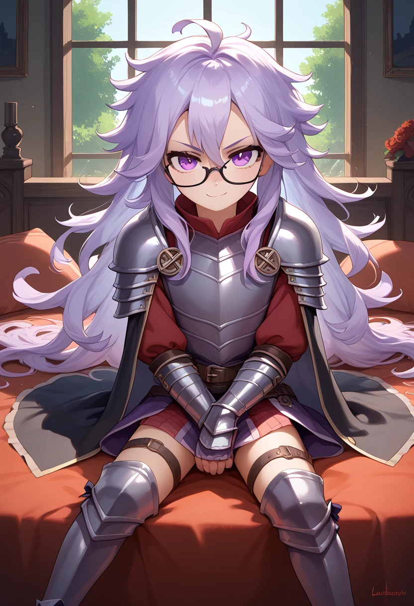 ((masterpiece)), 1boy, solo, long hair, light purple hair, wearing glasses, purple eyes, half-lidded, sadistic smirk, evil look, looking at viewer, sitting on bed, evil boy, shortstack, messy hair, medieval boy, fantasy scenery, armor.