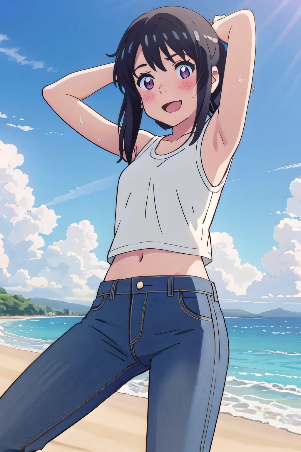 masterpiece,best quality,ultra detail,1girl, 14yo, petite, ((round face, ecstasy, orgasm face, drooping eyes, shame smiling, blush)), dropping eyes, sleepy, background((under the beach, (day:1.2), under sand beach, bright sky)), shinkai makoto, kimi no na wa., Miyamizu Mitsuha, long hair, arms behind head, contrapposto, spread armpits, looking at viewer,, White tank top, White crop top, jeans, blue pants, (flares jeans 1:1), blue jeans, sex pose, (legs spread:3:1), orgasm, Sweaty crotch, Steam from the crotch, from below