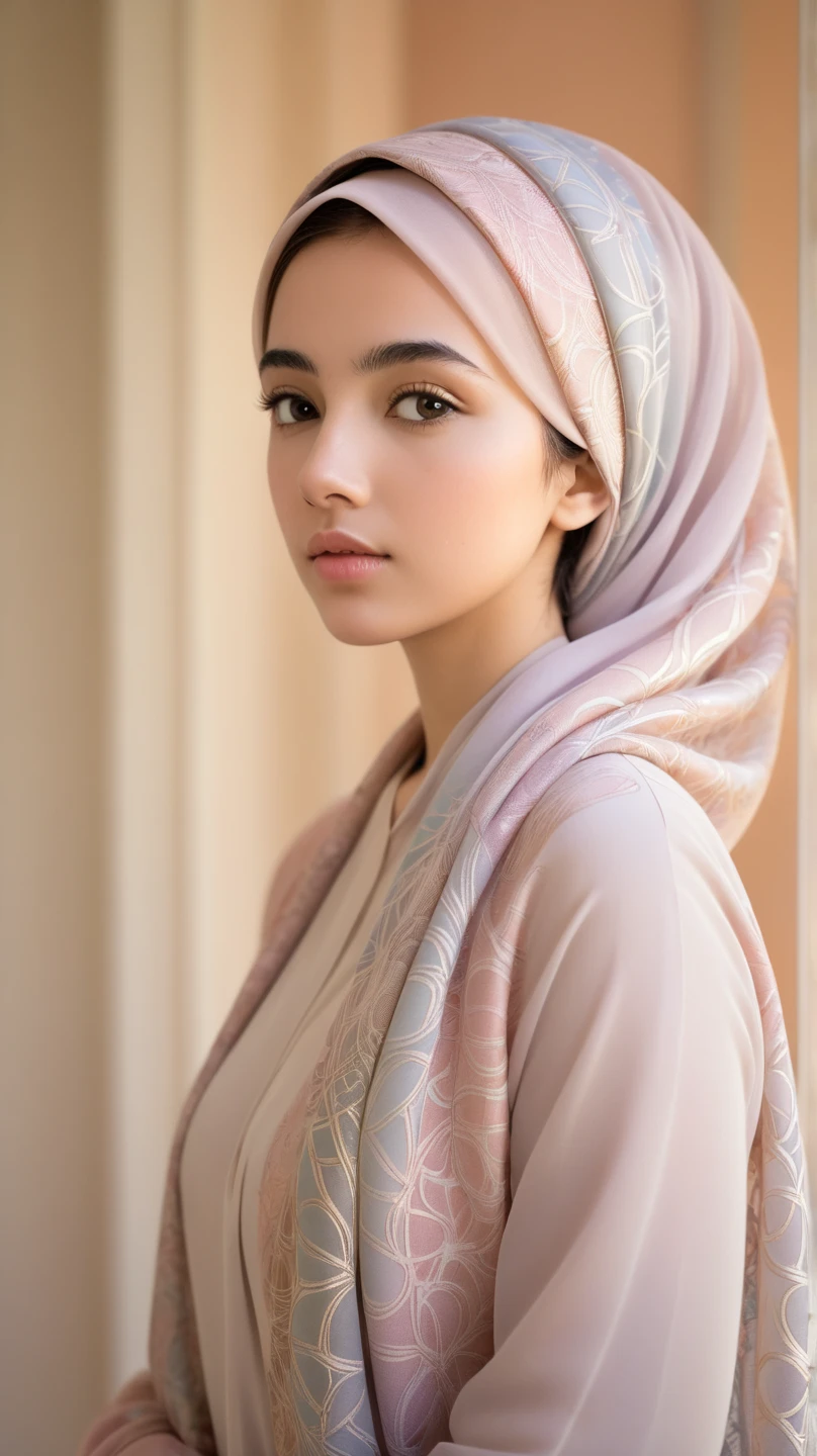 A young woman wearing a beautifully draped hijab stands gracefully against a softly lit background. Her hijab features intricate patterns in shades of soft pastel colors, complemented by a simple yet elegant outfit. The fabric flows gently, reflecting a delicate texture, such as silk or chiffon. Her expression is serene, her gaze directed slightly downward, conveying a sense of peace and contemplation. The background is subtle, featuring blurred hints of nature or minimalist architecture, ensuring the focus remains on her. The lighting is warm and diffused, enhancing the gentle glow of her face and highlighting the fine details of her attire and hijab