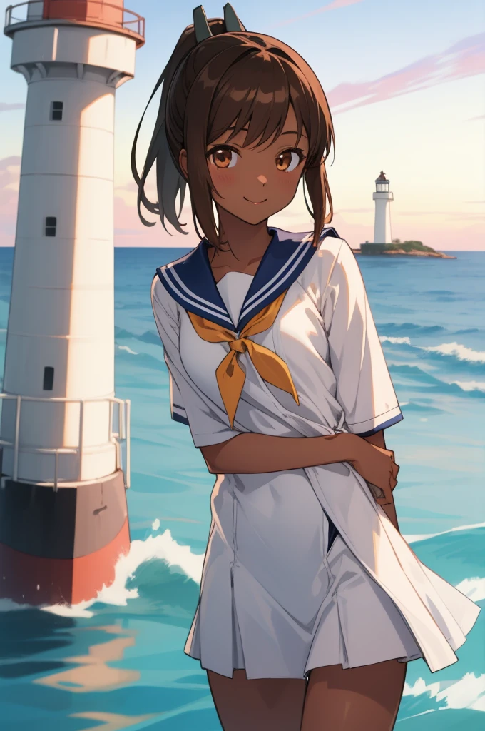 ((masterpiece)),( top quality), Official Art , very detailed CG, Unity 8K Wallpaper , super detailed, lighthouse on a sea cliff , 1 girl,Alone, cowboy shot , brown_hair,Dark Skin, tan,School_ swimsuit, brown_eye,smile, dress_ swimsuit, swimsuit_Down_Close,Sailor_ color, short_hair, on AM_in_viewer,,School_uniform, short_ ponytail,