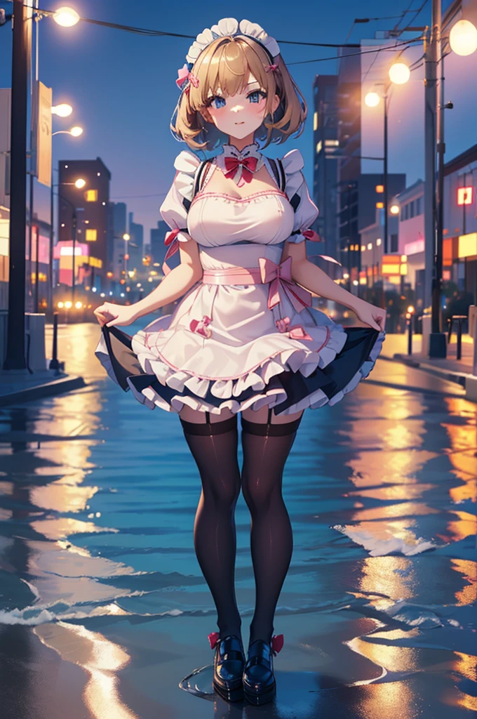 a cute solo girl,sexy girl,ai hyperion lambda,wearing a japan maid dress ,black pantyhose,standing,sexypose ,in a downtown city pier between a beach,at a night time ,fullbody.