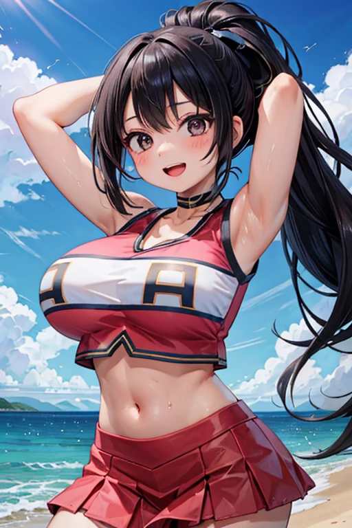 1 girl, best quality, masterpiece, 8K, high res, cute, japanese girl, shiny skin, cheerleader, pink costume, crop top, (navel:1.2), midriff, bare stomach, sleeveless, ribbon choker, huge breasts, long hair, black hair, ponytail, black eyes, presenting armpit, smile, open mouth, smile, beach,