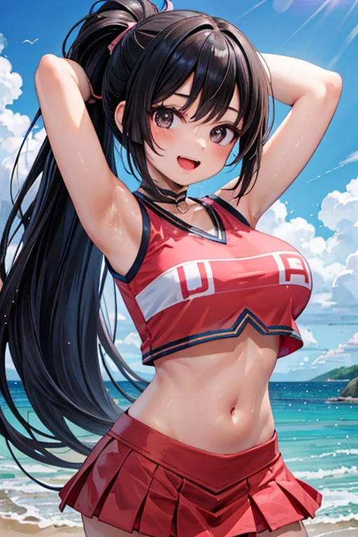 1 girl, best quality, masterpiece, 8K, high res, cute, japanese girl, shiny skin, cheerleader, pink costume, crop top, (navel:1.2), midriff, bare stomach, sleeveless, ribbon choker, huge breasts, long hair, black hair, ponytail, black eyes, presenting armpit, smile, open mouth, smile, beach,