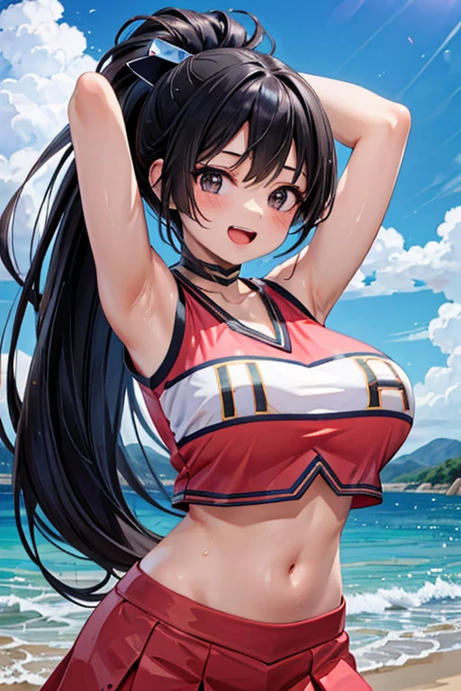 1 girl, best quality, masterpiece, 8K, high res, cute, japanese girl, shiny skin, cheerleader, pink costume, crop top, (navel:1.2), midriff, bare stomach, sleeveless, ribbon choker, huge breasts, long hair, black hair, ponytail, black eyes, presenting armpit, smile, open mouth, smile, beach,