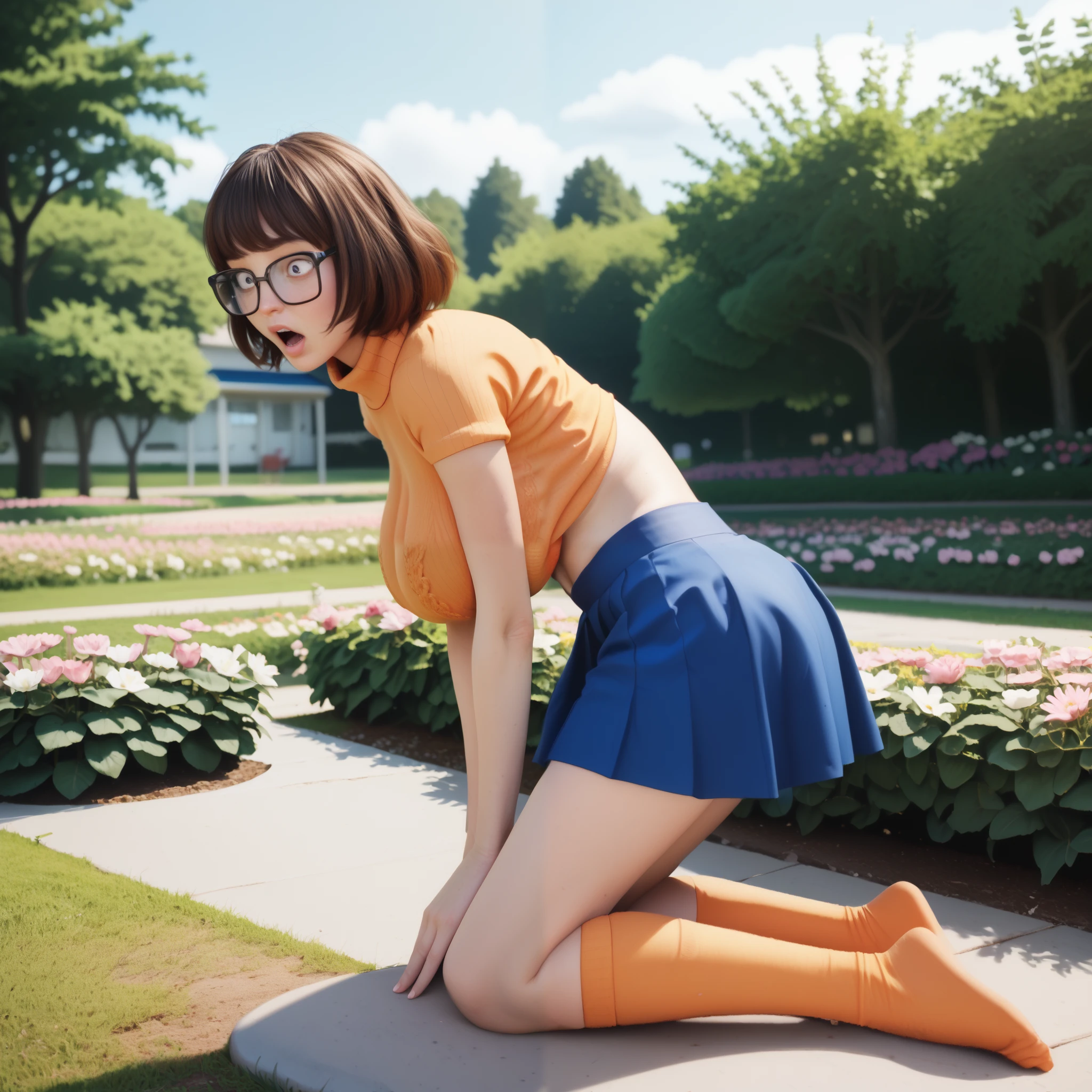 SFW,masutepiece, Best Quality, High resolution, 1girl in, Full body, Details Girl, detail hands, Detail fingers, Detail Face, detail 1girl in, Looking down, Flower Garden, pale skin, ((very skinny:1.3)), , bending over, , short skirt, (tall torso) ((gigantic mave hanging breasts)) (covered breasts:1.5), (pain emotions:1.2), (back pain sound effects:1.2), shocked emotions, hands on top of chest, , perfect lighting, cinematic composition, highly detailed, photorealistic, 8k, best quality, masterpiece, ((VelmaXL)), orange sweater, brown long socks, blue skirt, square glasses, brown hair, n4g4 