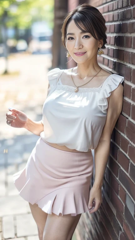 full body shot, from below,  Japanese woman with a viewing angle of, 68 years old,  detailed face , Facial wrinkles, Wrinkles around the eyes, smile,  Detailed Skin Textures ,  white skin,  heavy makeup ,  long hair , (curvy body, saggy breasts,  plump thighs), (earrings,  necklace,  white blouse with ruffles:1.2), (pink tulle skirt, mini skirt:1.3), ( wears high heels:1.2), (Standing on the sidewalk,  full body shot from toe to head wearing black high heels:1.2), (surrealism, best quality, ultra detailed, absolutely resolution, 8k, anatomically correct), depth of field, looking at viewer, tachi-e, (kz), (1woman), full body,  detailed face  