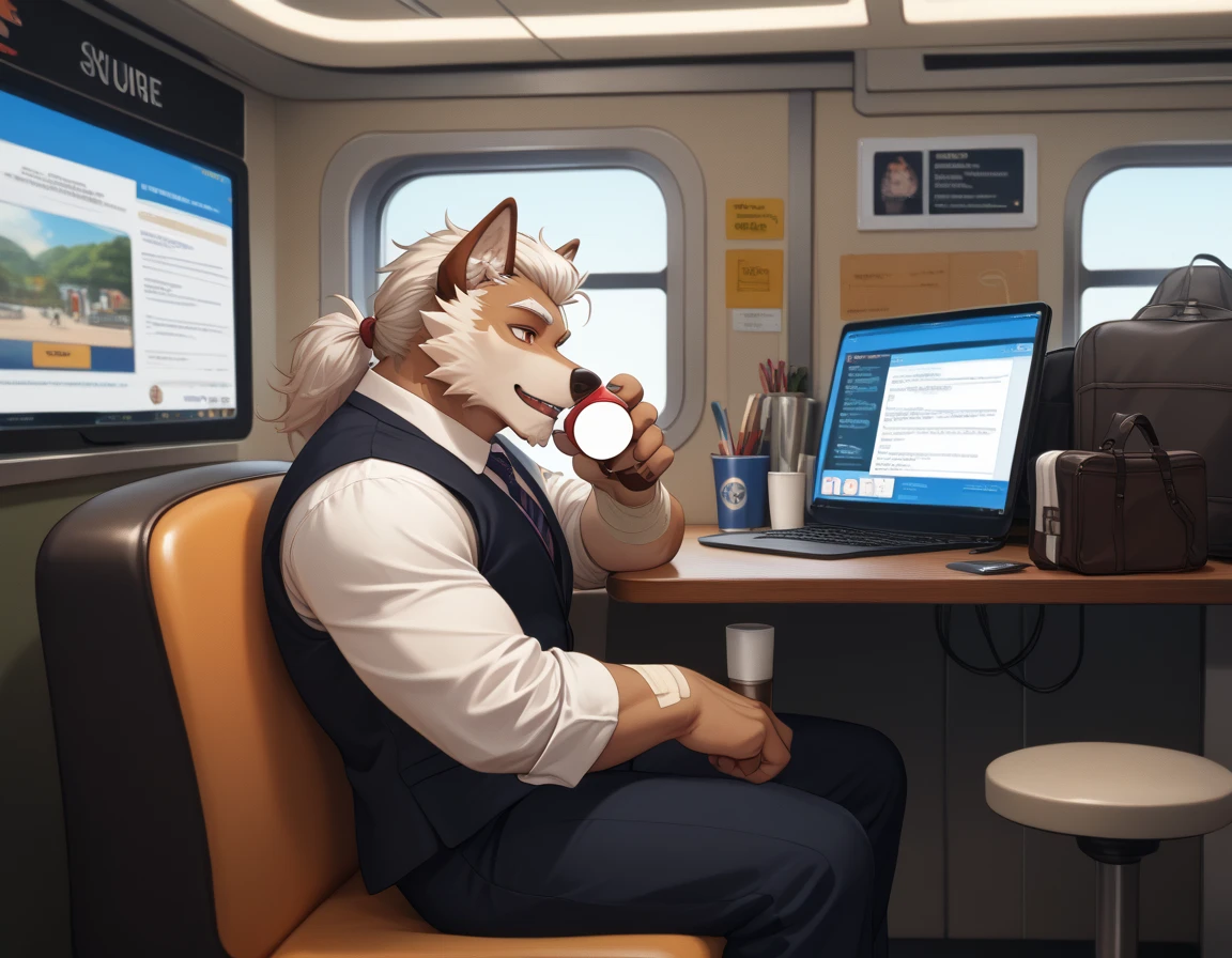 Wolf brown skin eyebrows a small chin white hair with elegant clothes a bandage on the left arm a normal pants a more relaxed expression better quality 4k soft skin anime style better lighting drinking coffee sitting in a chair waiting for the train the 2D anime style dark circles in the eyes a computer just watching the computer ray of sunshine