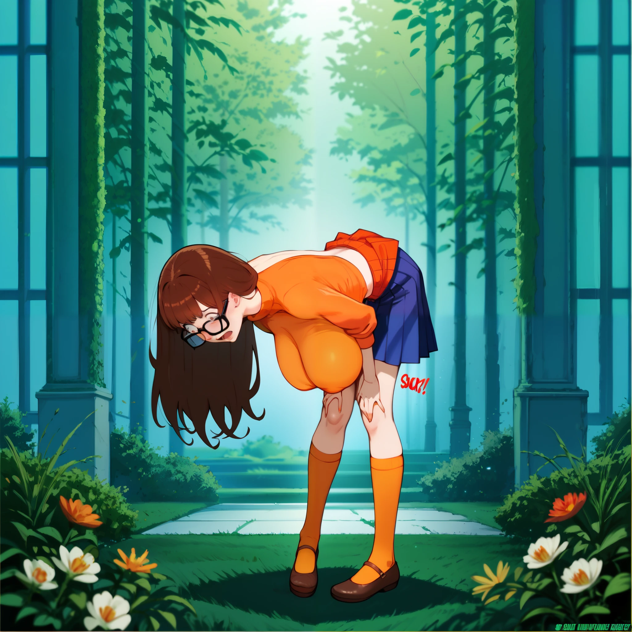 SFW,masutepiece, Best Quality, High resolution, 1girl in, Full body, Details Girl, detail hands, Detail fingers, Detail Face, detail 1girl in, Looking down, Flower Garden, pale skin, ((very skinny:1.3)), , bending over, , short skirt, (tall torso) ((gigantic mave hanging breasts)) (covered breasts:1.5), (pain emotions:1.2), (back pain sound effects:1.2), shocked emotions, hands on top of chest, , perfect lighting, cinematic composition, highly detailed, photorealistic, 8k, best quality, masterpiece, ((VelmaXL)), orange sweater, brown long socks, blue skirt, square glasses, brown hair, n4g4,  ((stretched clothes))