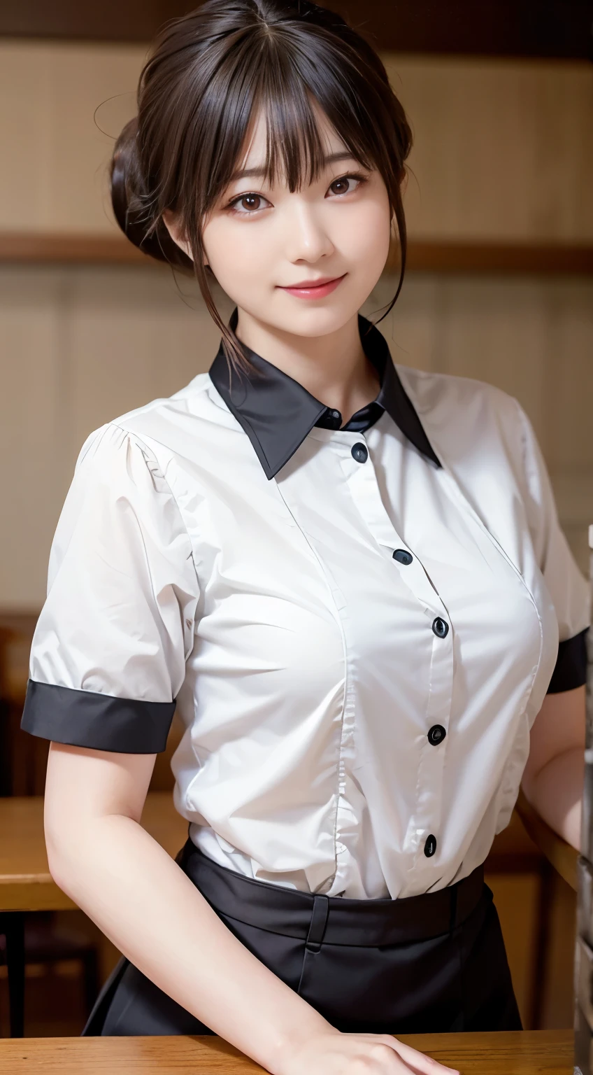 (Highest quality,masterpiece:1.3,Ultra-high resolution,),(Very detailed,Caustics),(Realistic:1.4,RAW shooting,)Ultra-Realistic Capture,Very detailed,High resolution 16K human skin closeup。 Natural skin texture、,pores、、、、It must be detailed enough to be easily identifiable。 Skin tone is even and healthy looking。 Use natural light and colour,restaurant,Waitress Uniform,1 girl,Japanese,18-year-old,cute,Black-haired,ponytail,Big Breasts,smile,Turn your body forward,(Front view:1.1),Looking into the camera,Cowboy Shot,