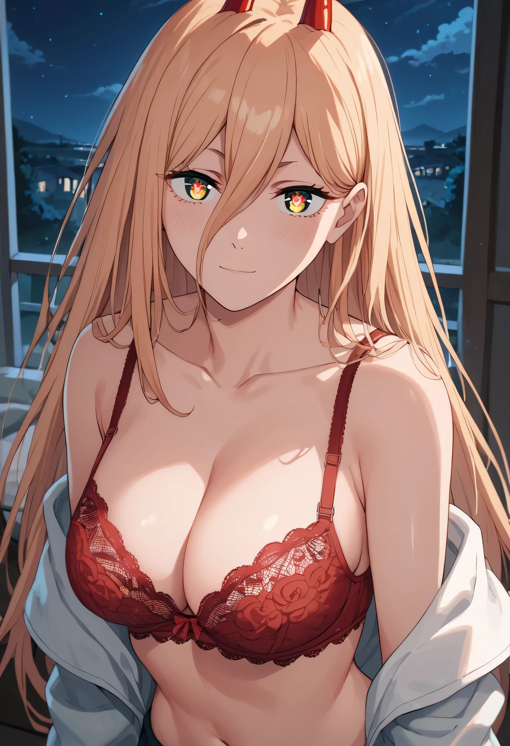 score_9, score_8_up, score_7_up, score_6_up, score_5_up, score_4_up, best quality, masterpiece, colorful, anime, seductive, p0w3r0x1, long hair, blonde hair, red horns, demon pupils, CLEAVAGE, medium breasts, rounded breasts, looking at viewer, red lace bra, upper body, night, bedroom, red lace panties