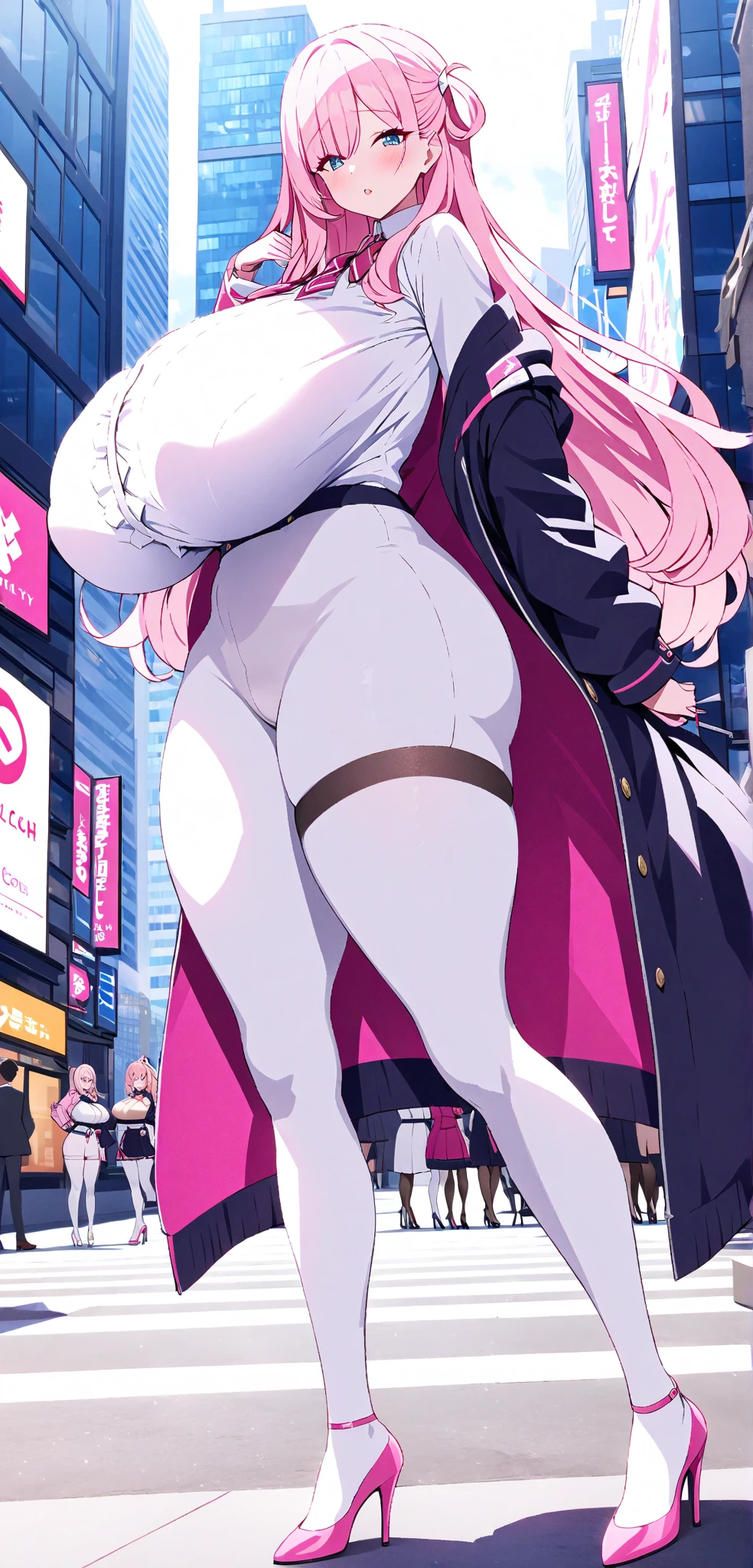  Pink レオタード pink hair two side hair　 Big Breasts 　 big thighs　white tights  　 high heels　　outside　In the city　  レオタード　ハイレグレオタード　the front