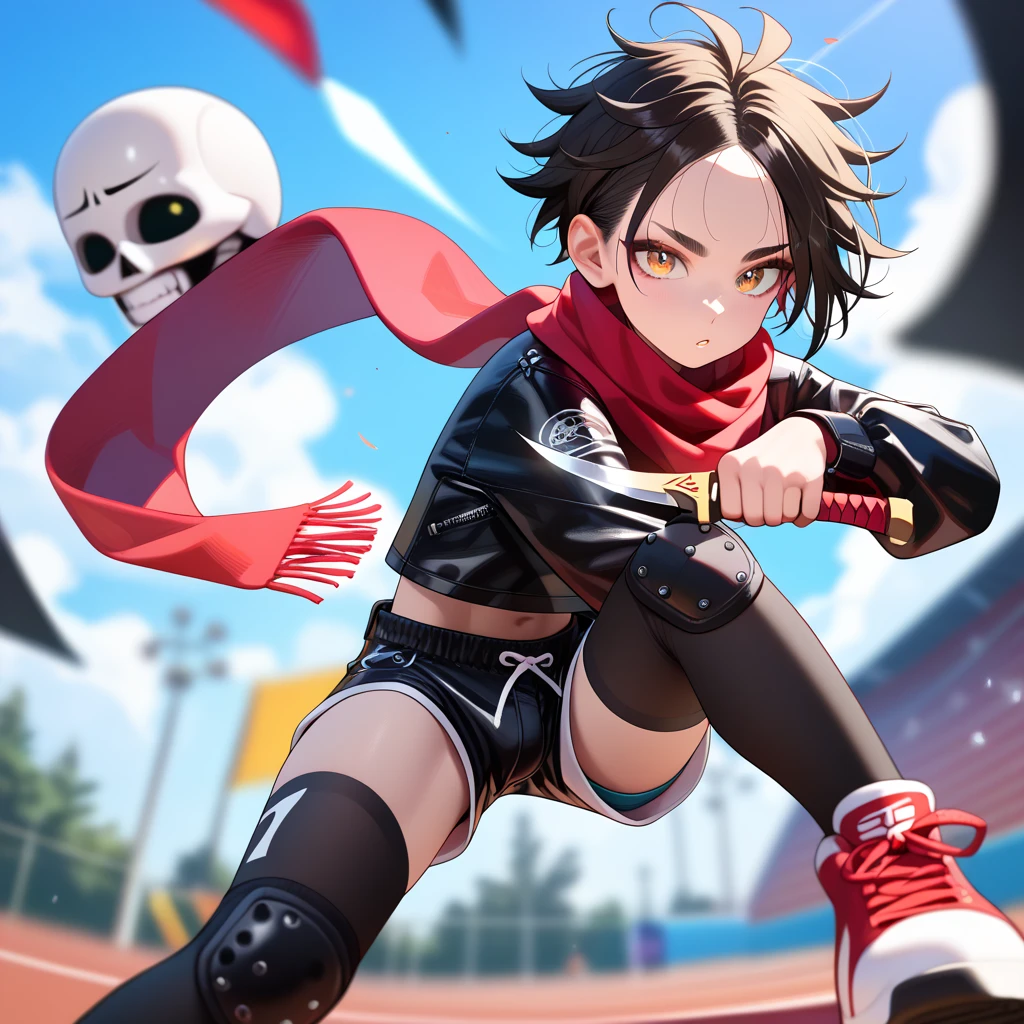 masterpiece, highest_quality, ultra_detailed, anime, depth_of_field, 1boy_focus, boy is (japanese_femboy, (black_hair, messy_hair, crew_cut, forehead_bangs, black_slant_eyes, close_set_low_eyebrows, large_ears), flat_chest, (skeleton_mask:1.5, oversized_shirts, (wide_leg_shorts, leggings):1.5, leather_shoes, legace, knee_pad, scarf):1.5, fighting_pose), five_fingers, detailed_face, full_of_details, holding_sickle, dual_wielding