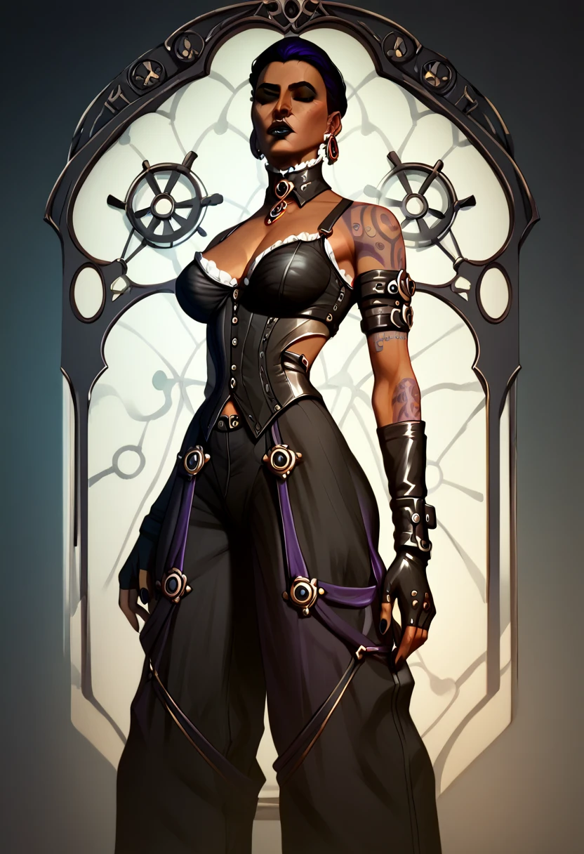 
A character outfit from the series arcane gothic outfit , detailed, black clothes, dark skin, metallic, bioluminescent purple tattoos , jewelry, extravagant, huge baggy pants, black, sexy, steampunk