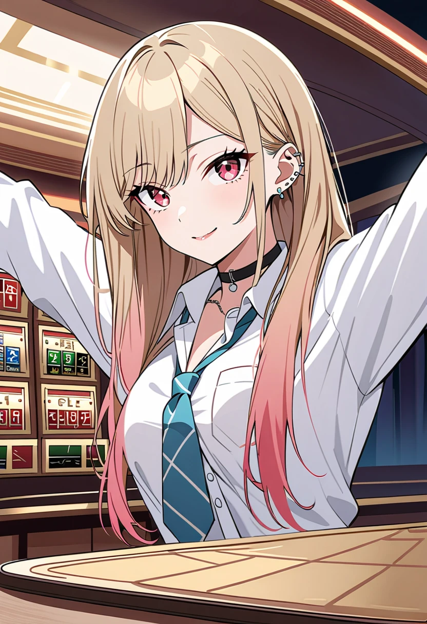 (masterpiece,  top quality, Mysterious aesthetics,  super detailed),   Intricate Details ,  One Girl , Kitagawa Marine , sono bisque doll wa koi wo suru,  blonde alone,  red eyes,  ear earrings,   barbell earrings  ,  Black Choker ,  collared shirt ,  white shirt,  earrings,  blue tie, Green,  raise your arms , in,  at the ceiling of the house,  upper body,casino,