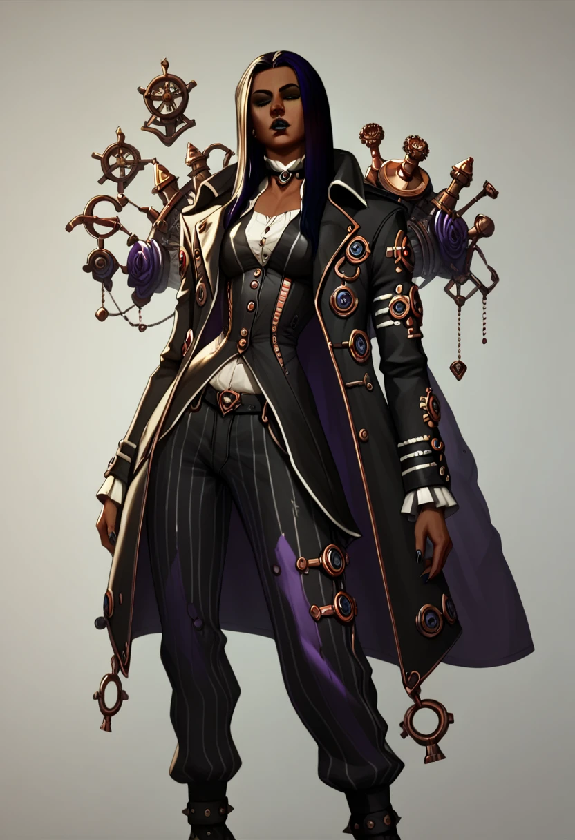 A character outfit from the series arcane gothic outfit , detailed, black clothes, dark skin, metallic, bioluminescent purple tattoos , jewelry, extravagant, huge baggy pants,  black, sexy, steampunk, jacket 