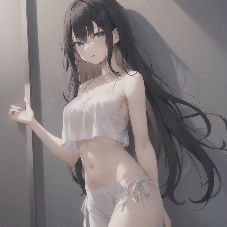 thin woman,The body very thin,Rib chest,The waist very thin,The ribs are noticeable,Protruding ribs,The waist very thin,Sunken abdomen,Delicate arms wet white shirt short black shorts