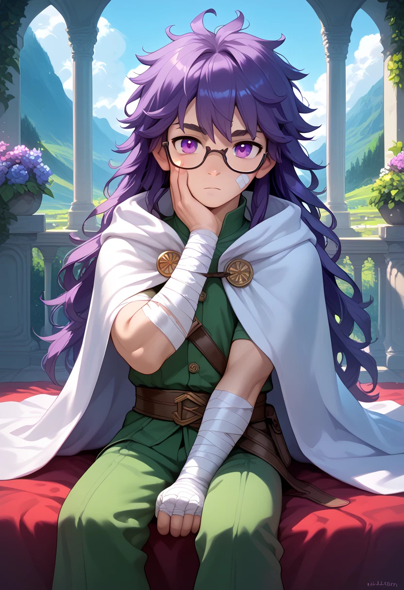 ((masterpiece)), 1boy, solo, long hair, dark purple hair, wearing glasses, purple eyes, half-lidded, calm look, kind look, looking at viewer, sitting on bed, king boy, shortstack, messy hair, medieval boy, fantasy scenery, white cape, only left arm, no right arm, one arm, burns on face, bandaged body.