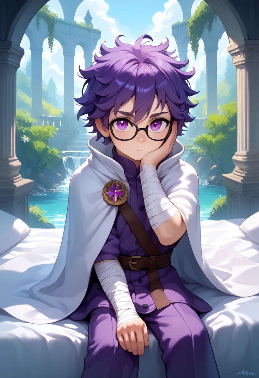 ((masterpiece)), 1boy, solo, long hair, dark purple hair, wearing glasses, purple eyes, half-lidded, calm look, kind look, looking at viewer, sitting on bed, king boy, shortstack, messy hair, medieval boy, fantasy scenery, white cape, no right arm, one arm, burns on face, bandaged body.