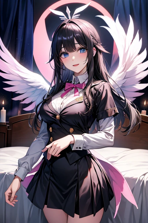 YUJU, GFRIEND, KPOP, (black hair1.5), blue eyes, nipples, looking at viewer, smile, big breasts, suit skirt, bed room,  ((white angel wings)) , pink ribbon, ribbon, angel wings