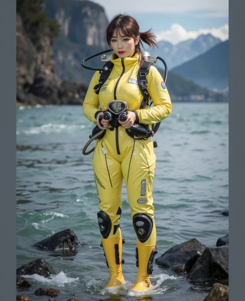 A documentary photo, Photo-realistic, ultra-realistic, (Japanese beautiful young woman, famous Japanese idol, boyish cool face:1.3), wetlook rubberish pink clothes,, she is a military diver of Japan navy, experienced military diver, wearing a professional wetsuits for military diver with professional scuba equipment, She is on a shlre, She is preparing to scuba dive for a lifesaving mission, there is a large battle ship behind her,, Natural Makeup, boyish face ,Front View:1.21, Perfect Anatomy:1.21, Small head:1.21, Slender body:1.37, Narrow waist:1.5, Thin limbs:1.5, Flat Chest:1.5, Anatomically correct limbs, Diving Suits warm  wetlook (high smooth turtleneck collar), Fully equipped for diving, Very cute Japanese woman, Brown Hair, Chignon Hair, Calm sea in qinter, Dynamic and emotional movie lighting, 