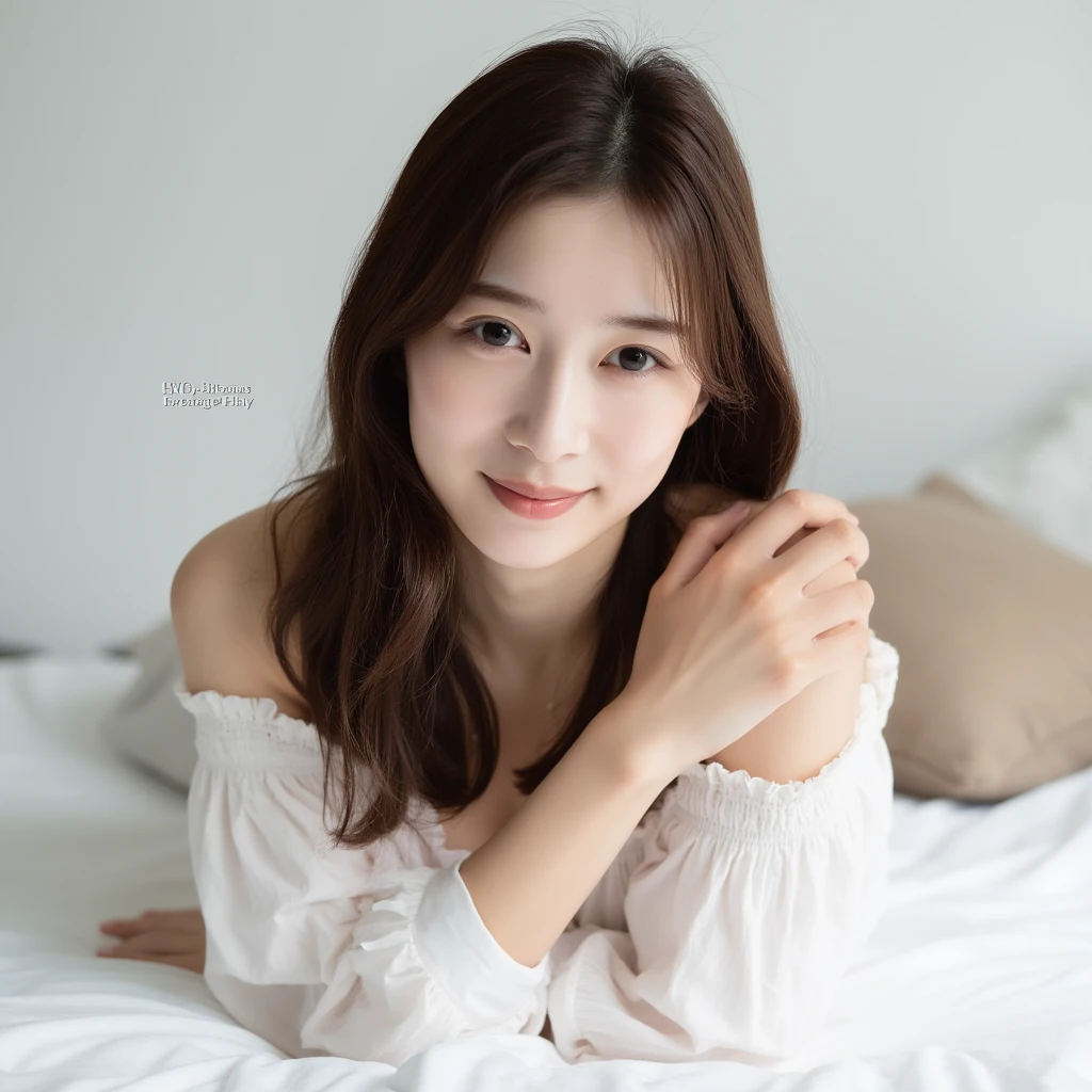 The image is a close-up portrait of a young asian woman with shoulder-length brunette hair, lying on a bed with her arms crossed above her chest. She is wearing a white off-the-shoulder dress with a ruffled neckline and long sleeves. The dress has a light pink color and appears to be made of a soft, flowy fabric. Her hair is styled in loose waves, framing her face and adding a touch of elegance to her look. She has a slight smile on her lips, and her eyes are looking directly at the camera. The background is a plain white wall, and there is a beige pillow visible on the right side of the image. The lighting is soft and natural, highlighting the woman's features.