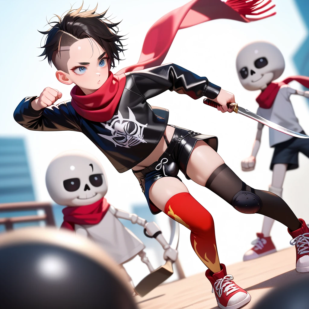 masterpiece, highest_quality, ultra_detailed, anime, depth_of_field, 1boy_focus, boy is (japanese_femboy, (black_hair, messy_hair, crew_cut, forehead_bangs, black_slant_eyes, close_set_low_eyebrows, large_ears), flat_chest, (skeleton_masks:1.5, oversized_shirts, (wide_leg_shorts, leggings):1.5, leather_shoes, legace, knee_pad, scarf):1.5, fighting_pose), five_fingers, detailed_face, full_of_details, holding_sickle, dual_wielding