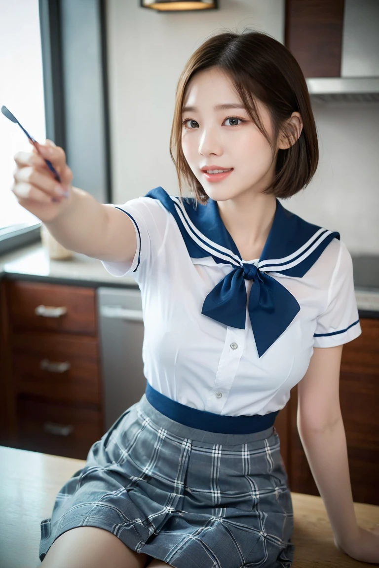 (A stunning Japanese-Korean lady, sitting with legs crossed, laying back comfortably in kitchen at night, natural pose, wearing a traditional Serafuku, Seifuku, tight white shirt, white blouse button-down, translucent short-sleeve, navy-blue plaid skirt, form-fitting pleated skirt, red ribbon bow tie, sailor collar, youthful charms, smooth complexion, beautiful detailed face, beautiful detailed eyes and lips, long eyelashes, slender figure, perfect body proportion, friendly expression, snaggletooth, cute dimples, kind smile, short hair, short straight hair, side ponytail, Bob hair, Curved in Blunt Bob, Asymmetrical Bob, confident & poised demeanor, Looking at viewer, 

Blurred background, Bokeh effect, ultra-detailed,
(best quality, 4k, 8k, high-resolution), 
(masterpiece:1.28), award-winning,
(realistic, photorealistic, photo-realistic:1.37),
HDR, UHD, studio lighting, ultra-fine painting,
sharp focus, physically-based rendering, extreme detail description, professional photography, vivid colors, SFW, Safe for Work, Cowboy Shot, Close-up Shot, High Angle Shot, Selfie, Selca, from side)