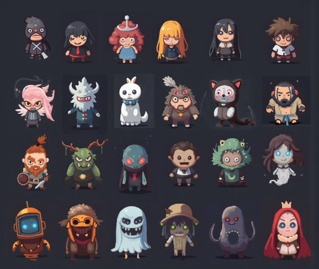 2d game characters,  flat 2d cartoon style, no background