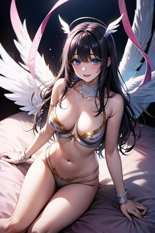 YUJU, GFRIEND, KPOP, (black hair1.5), blue eyes, nipples, looking at viewer, smile, big breasts,  bed room, ((white angel wings)) , pink ribbon, ribbon, angel wings