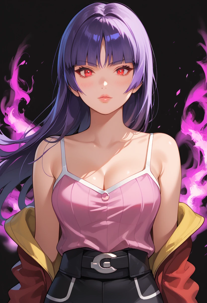 Score_9, score_8_up, score_7_up, score_6_up, source_anime, rating:general, 1girl, upper body, sabrina pokemon, purple hair, long hair, hime cut, stunning red eyes, pale skin, blush, perfect lips, sultry look, looking at viewer, pink camisole, tight white pants, medium sized breasts, exposed shoulders, cleavage, pokemon gym battle, solo, 8k quality, vivid colors, perfect shadowing, perfect lighting, cowboy shot, looking at viewer, SmokeyAura, Aura, Smoke, blazing aura  