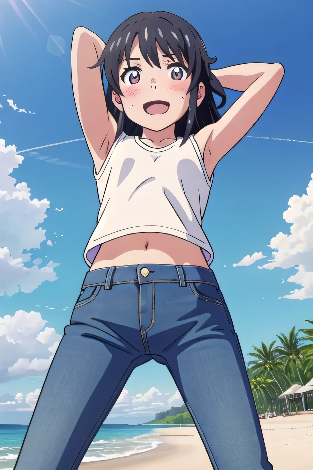 masterpiece,best quality,ultra detail,1girl, 14yo, petite, ((round face, ecstasy, orgasm face, drooping eyes, shame smiling, blush)), dropping eyes, sleepy, background((under the beach, (day:1.2), under sand beach, bright sky)), shinkai makoto, kimi no na wa., Miyamizu Mitsuha, long hair, arms behind head, contrapposto, spread armpits, looking at viewer,, White tank top, White crop top, jeans, blue pants, (flares jeans 1:1), blue jeans, sex pose, (legs spread:3:1), orgasm, Sweaty crotch, Steam from the crotch, from below