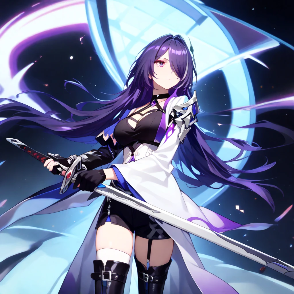 ,1girl, Alone,25 years old,long hair, purple hair, purple eyes, hair over one eye,standing,Hold the sword with both hands,Huangquan, def clothe, 1girl, long hair, purple eyes, purple hair, hair over one eye, thighhighs, breasts, boots, black gloves, blacks horts, cleavage, ( left single sleeve), long sleeve,( Holding a long, two-handed sword in both hands),(looking away),( expressionless), detailed, screen cap, very detailed, (detailed hair, eyes, and eyelashes:1.2),(masterpiece:1.2), (best quality:1.2), (very aesthetic:1.2), (Highly detailed CG, High resolution), (detailed background),newest, perfect anatomy,AI-generated,intricate details,safe),