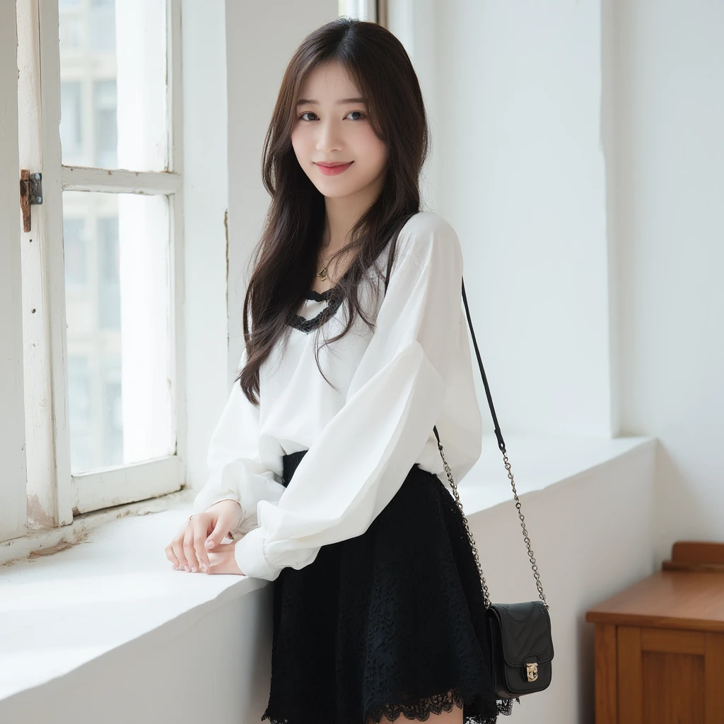 The image is a portrait of a young cute asian woman standing in front of a window. She is wearing a white blouse with long sleeves and a black skirt with a black lace trim. She has long dark hair that is styled in loose waves and is smiling at the camera. Her left hand is resting on the window sill, while her right hand is holding a black purse with a silver chain strap. The background is a plain white wall with a wooden bench on the right side. The overall mood of the image is peaceful and serene.