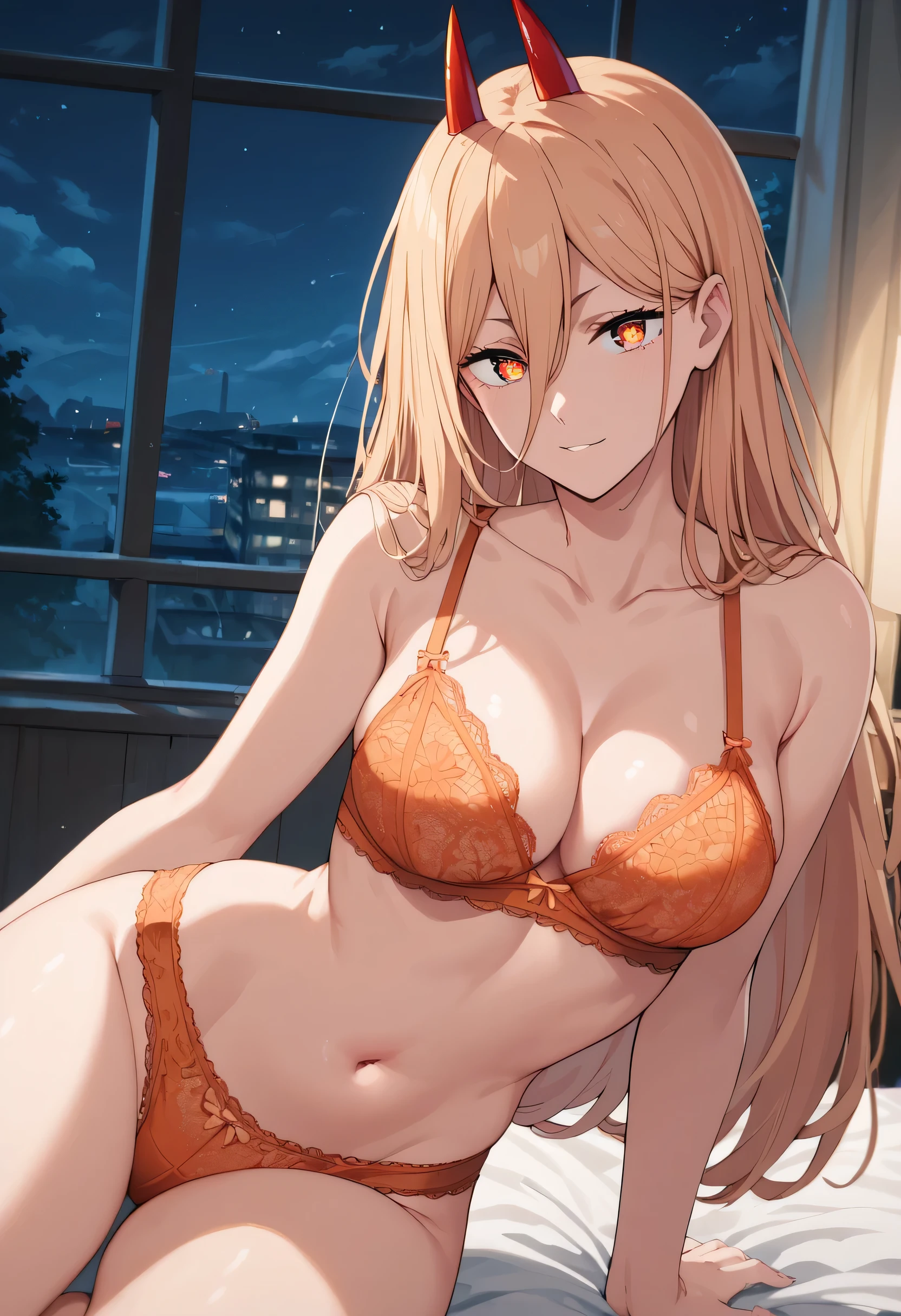 score_9, score_8_up, score_7_up, score_6_up, score_5_up, score_4_up, best quality, masterpiece, colorful, anime, seductive, p0w3r0x1, long hair, blonde hair, red horns, demon pupils, CLEAVAGE, medium breasts, rounded breasts, looking at viewer, orange lace bra, night, bedroom, orange lace panties
