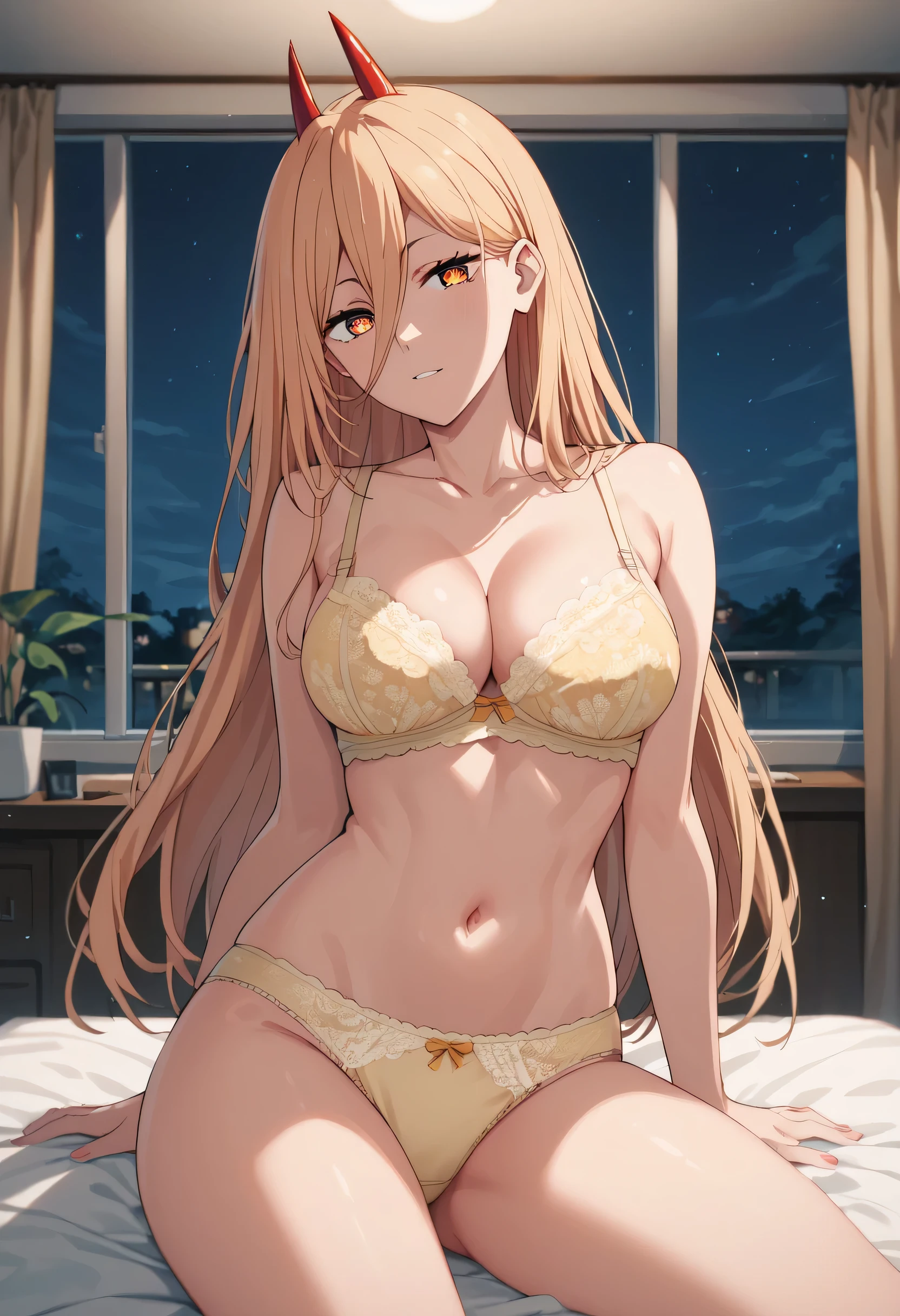 score_9, score_8_up, score_7_up, score_6_up, score_5_up, score_4_up, best quality, masterpiece, colorful, anime, seductive, p0w3r0x1, long hair, blonde hair, red horns, demon pupils, CLEAVAGE, medium breasts, rounded breasts, looking at viewer, yellow lace bra,  night, bedroom, yellow lace panties
